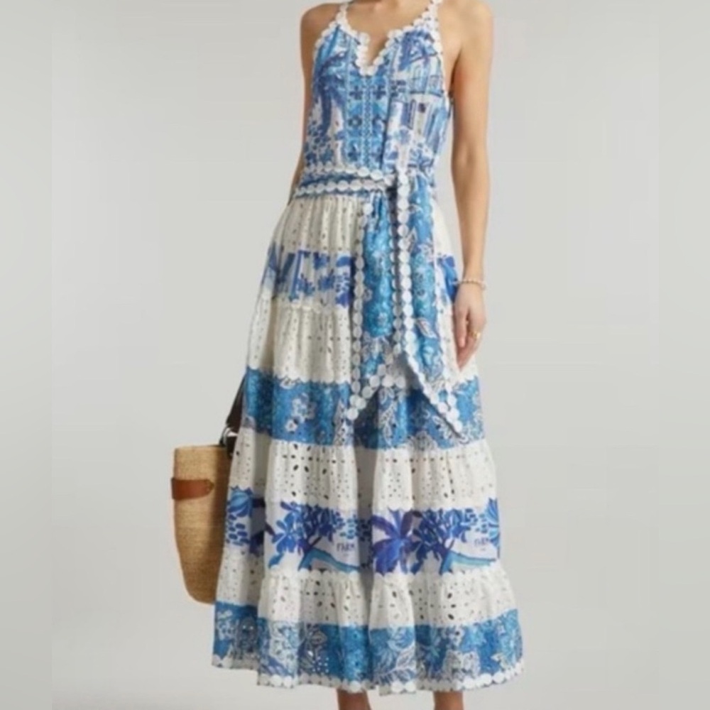 NWT FARM RIO Women’s White and Blue Prints Maxi Dress - XS